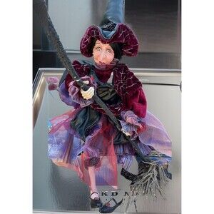 Halloween Witch Doll Broomstick BLVD Purple & Red Dress Shelf Sitter W/Broom